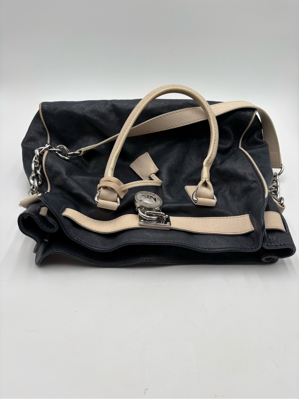 Michael Kors Navy Blue & Beige Leather Shoulder Satchel Handbag Purse - Picture 9 of 15
